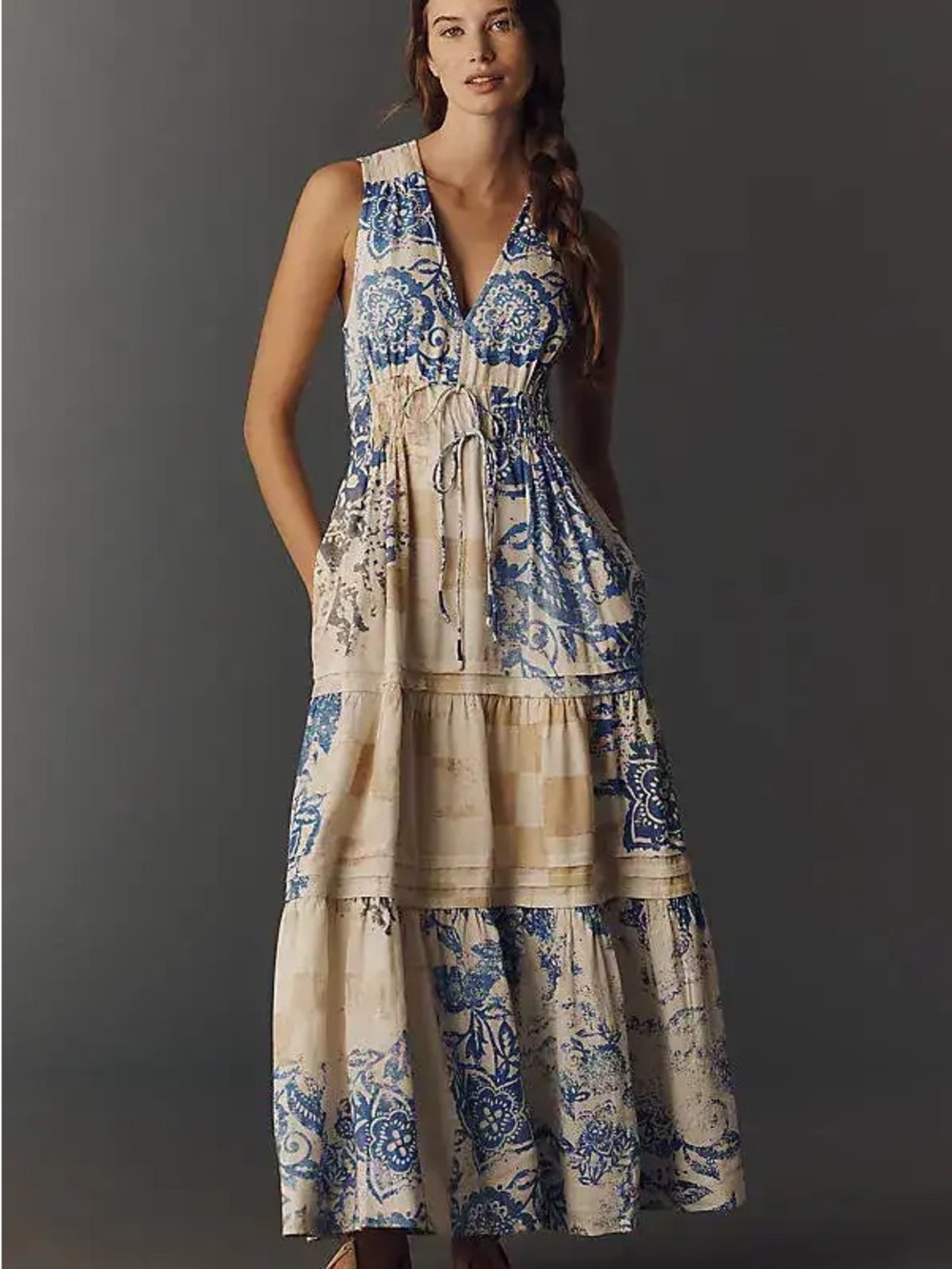 Anthropologie The Somerset Linen Maxi Dress Blue Patchwork Size M
